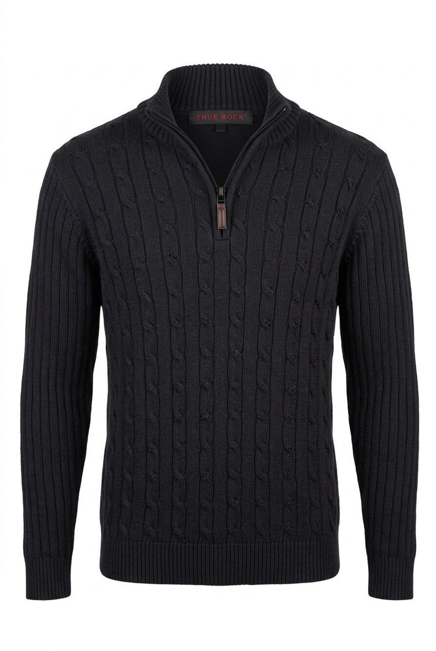 True Rock Men's Cable Knit 1/4 Zip Black Sweater Size Medium Long Sleeve